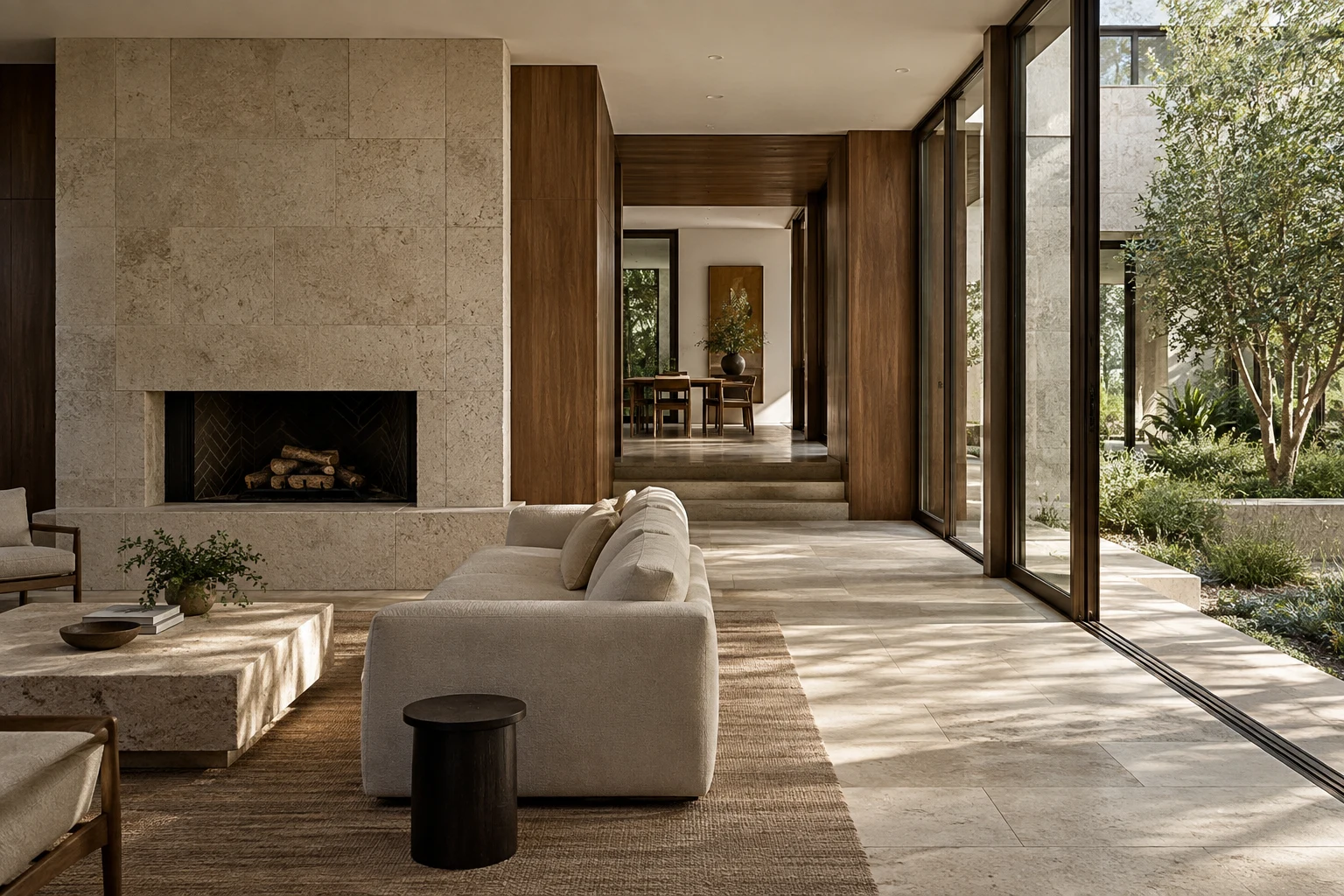 Illustrative living space with a limestone fireplace, timber joinery, and a glazed courtyard connection