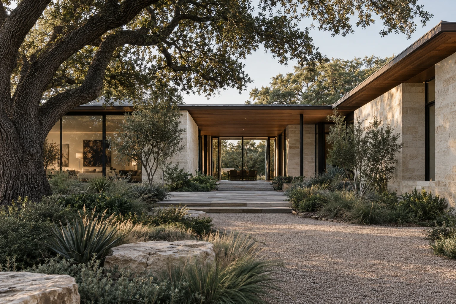Illustrative limestone courtyard residence beneath mature live oaks