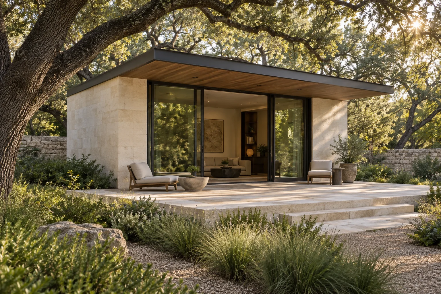 Illustrative detached garden pavilion opening onto a landscaped terrace